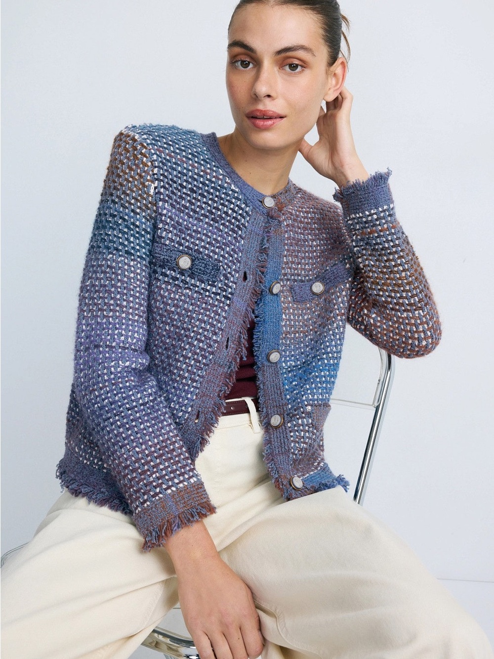 Veronica Beard Sariyah Knit Jacket S Ocean Multi Tweed Fringe Cardigan